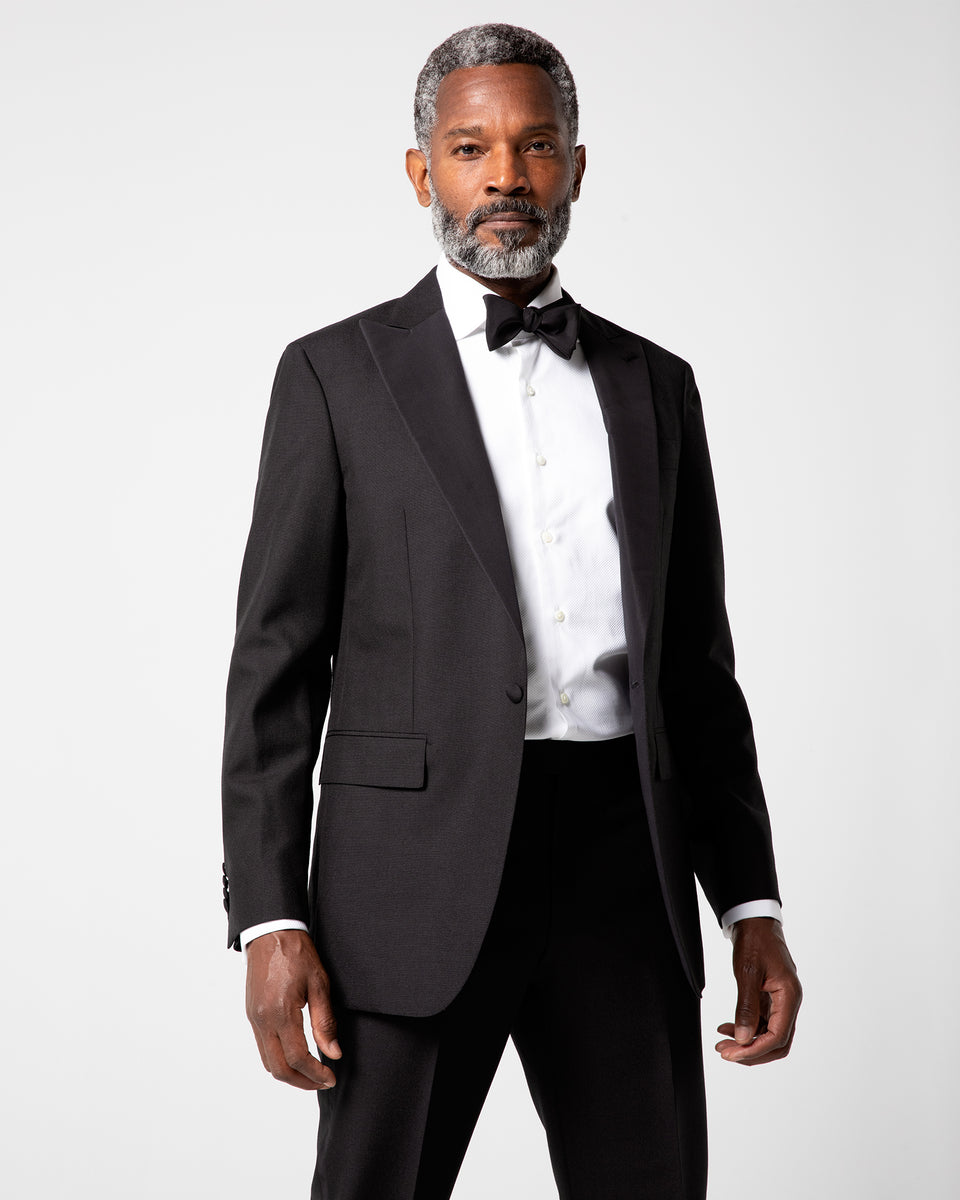 Kincaid No. 3 Peak Lapel Tuxedo in Black Wool Mohair with Silk Grosgra