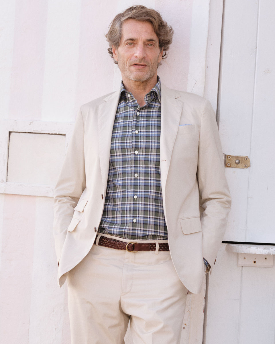 Spread Collar Sport Shirt in Green/Sky/Navy Plaid Poplin | Shop