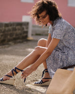 Load image into Gallery viewer, Pia High Espadrille in Navy/White Stripe Canvas