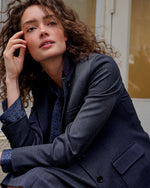 Load image into Gallery viewer, Tie-Neck Blouse in Blue Leopard Crinkle Satin
