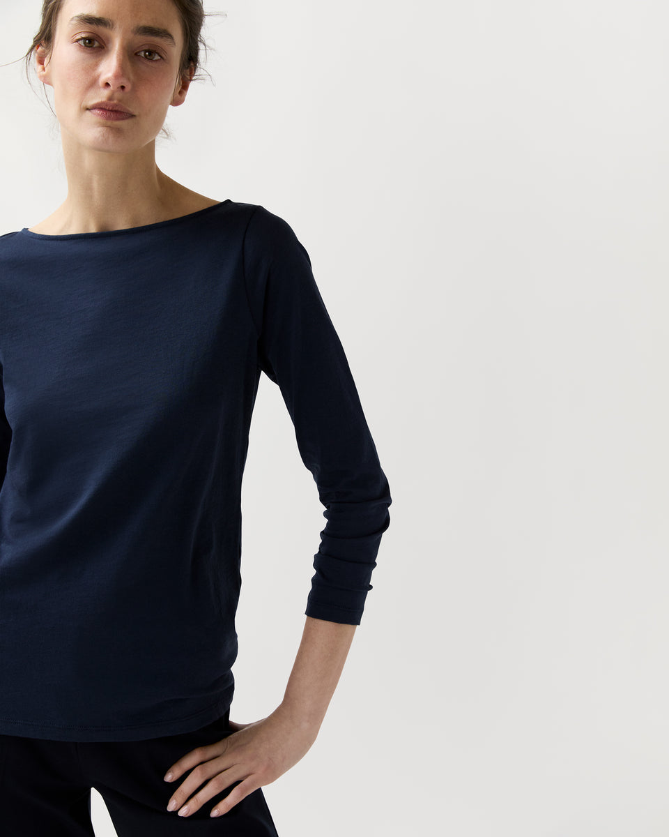Long-Sleeved Boatneck Tee in Navy Pima Cotton | Shop Ann Mashburn