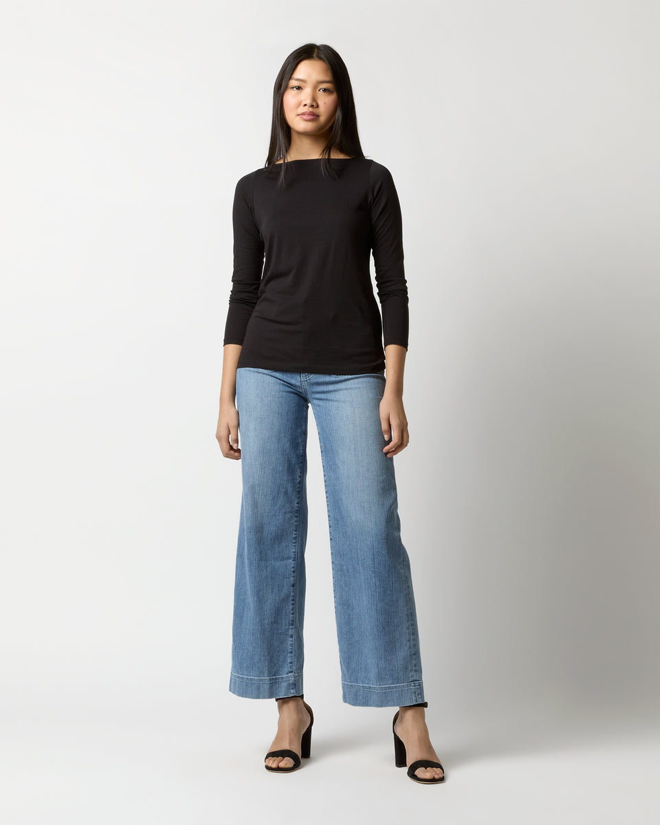 Long-Sleeved Boatneck Tee in Black Pima Cotton | Shop Ann Mashburn