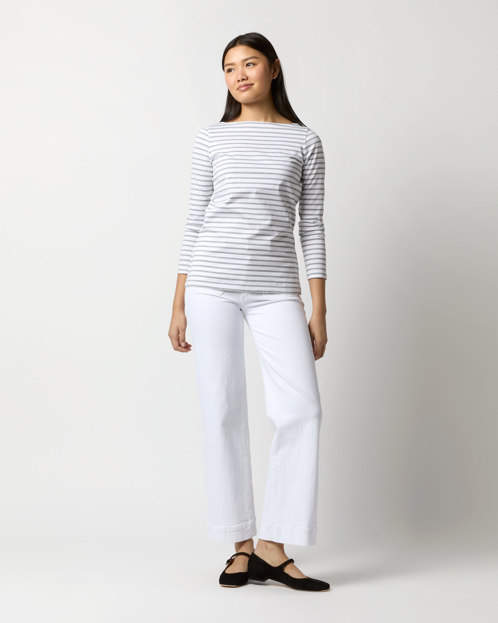 Long-Sleeved Boatneck Tee in White/Heather Grey Stripe Compact Jersey