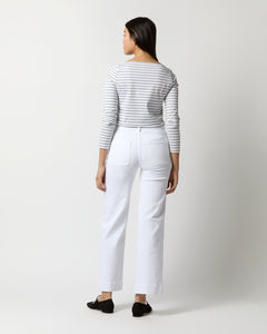 Long-Sleeved Boatneck Tee in White/Heather Grey Stripe Compact Jersey