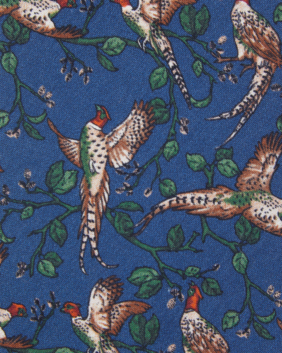 Silk Print Tie in Navy/Olive Pheasant