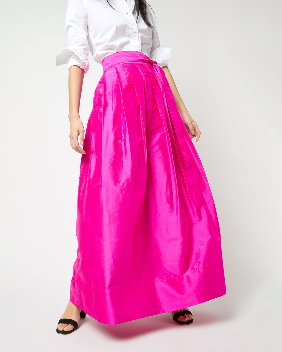 Pleated Wrap Skirt in Magenta Silk Shantung | Shop Ann Mashburn