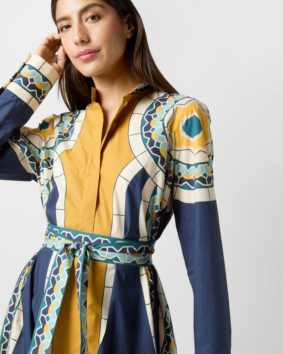 Sundowner Dress in Blue Mudejar Placée Cotton Popeline | Shop Ann ...