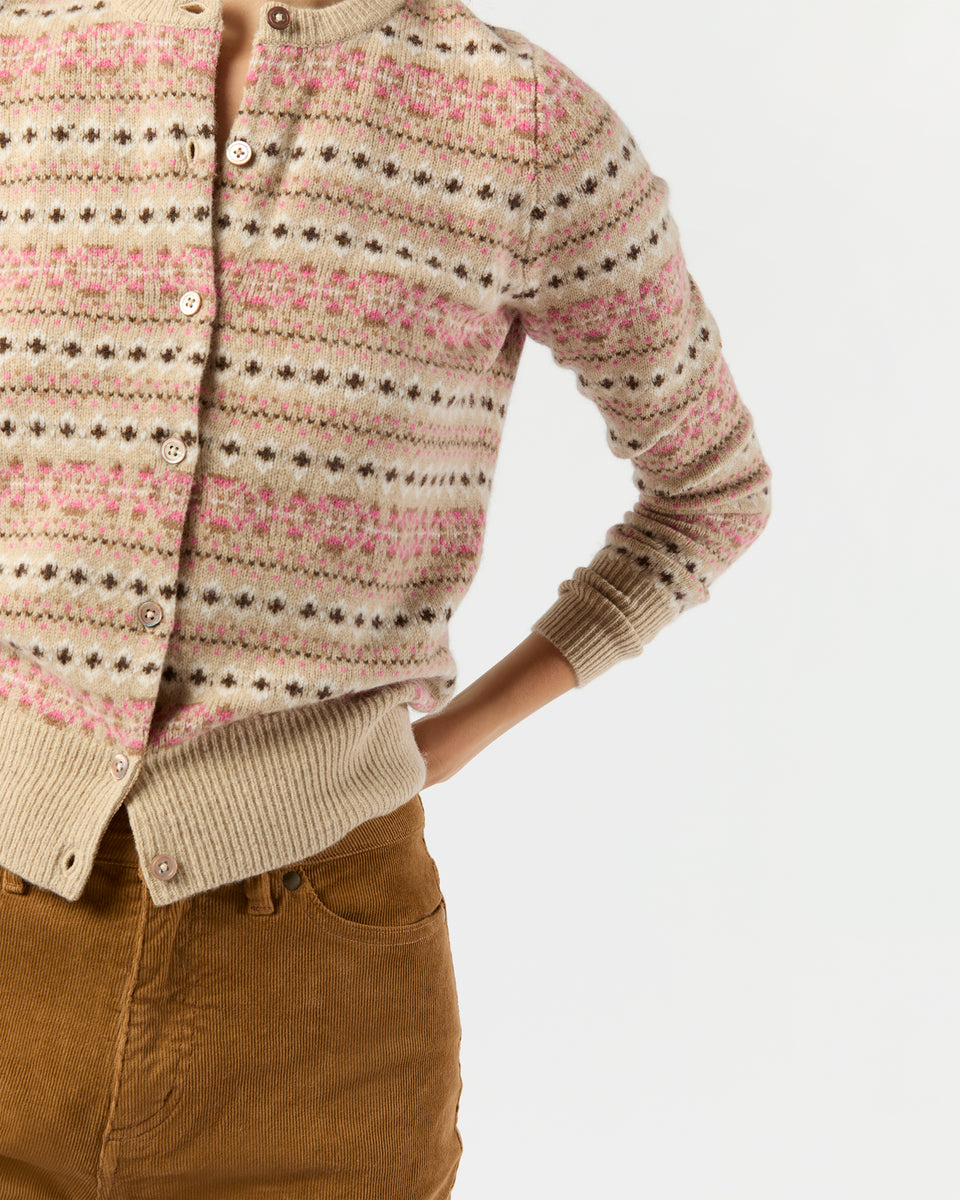 Rosie Fair Isle Cardigan in Mink/Pink Multi Extra Fine Merino Wool