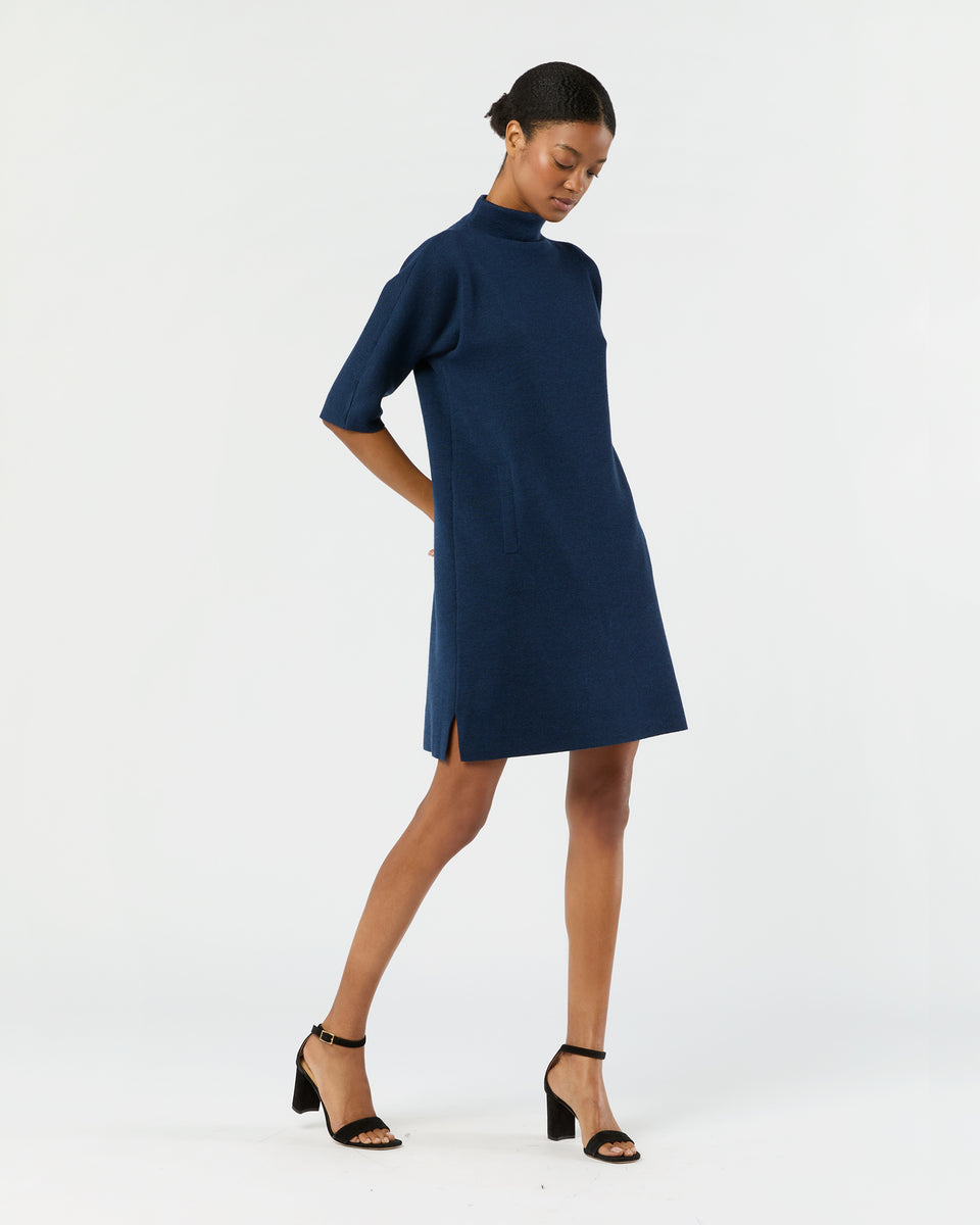 Rowan Short-Sleeved Funnel-Neck Dress in Heather Navy Extra Fine