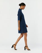 Load image into Gallery viewer, Rowan Short-Sleeved Funnel-Neck Dress in Heather Navy Extra Fine Merino Wool