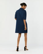 Load image into Gallery viewer, Rowan Short-Sleeved Funnel-Neck Dress in Heather Navy Extra Fine Merino Wool