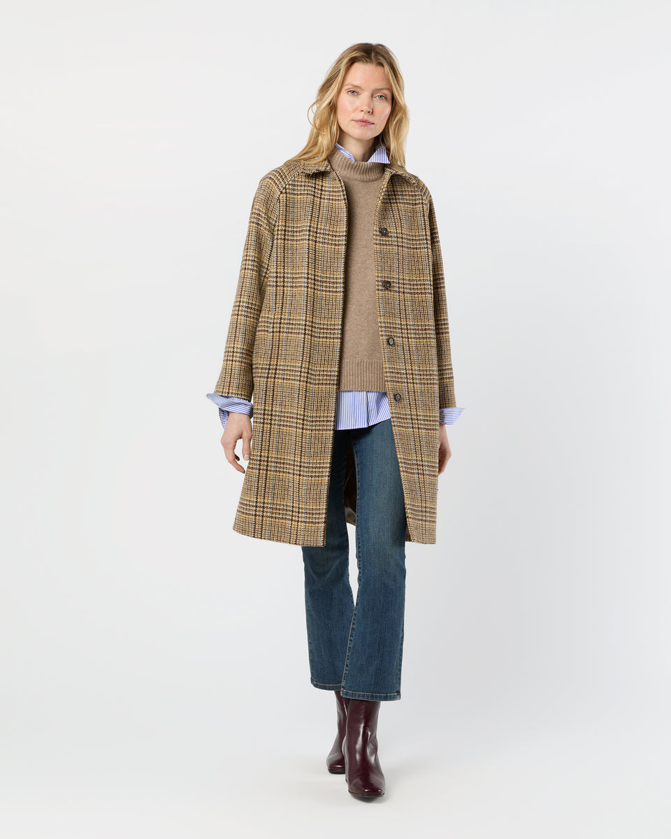 Balmacaan Coat in Brown/Sky Glen Plaid Harris Tweed | Shop Ann
