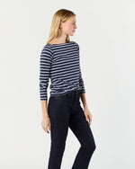 Load image into Gallery viewer, Long-Sleeved Boatneck Tee in Navy/White Stripe Pima Cotton