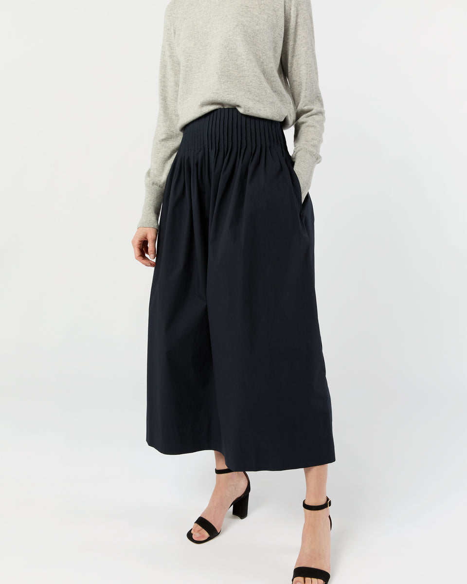 Adah Pintuck Skirt in Navy Paperweight Stretch Poplin | Ann
