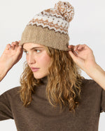 Load image into Gallery viewer, Fair Isle Pom-Pom Beanie in Camel Donegal Multi Cashmere