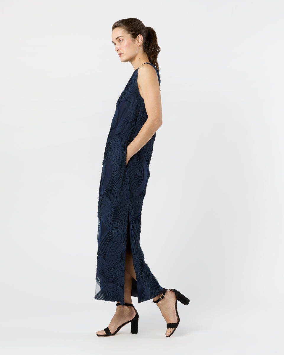 Susy Shift Maxi Dress in Navy Ribbon Embroidery | Shop Ann Mashburn