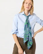 Load image into Gallery viewer, Silk Tied Up Scarf in Purple/Green Butterfly Block Print Silk Twill