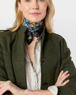 Load image into Gallery viewer, Medium Hand-Rolled Silk Scarf in Navy/Marigold/Sage Floral