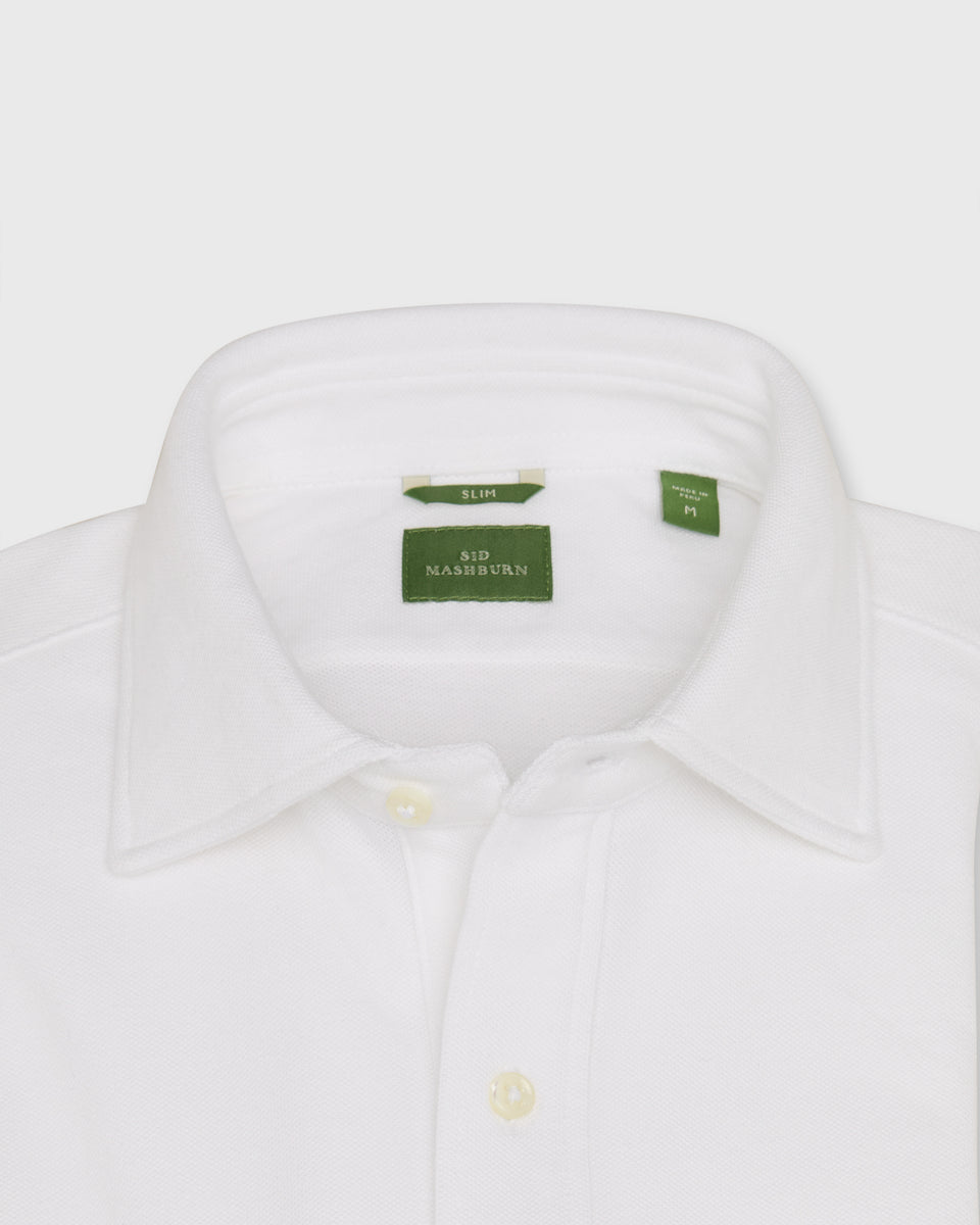 Knit Slim Fit Spread Collar Shirt in White Pima Pique | Shop Sid
