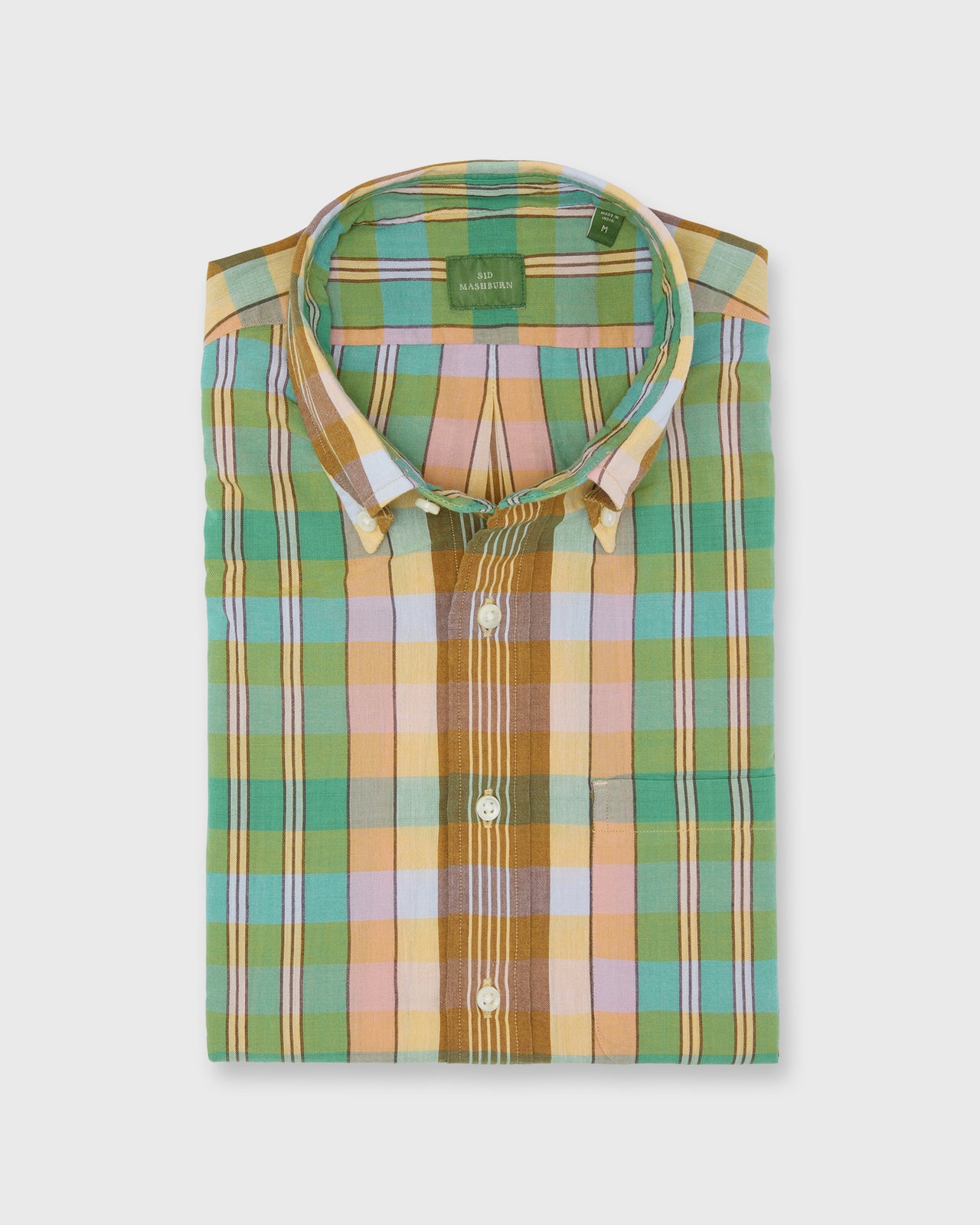 Button-Down Sport Shirt in Mango/Green/Brown Madras