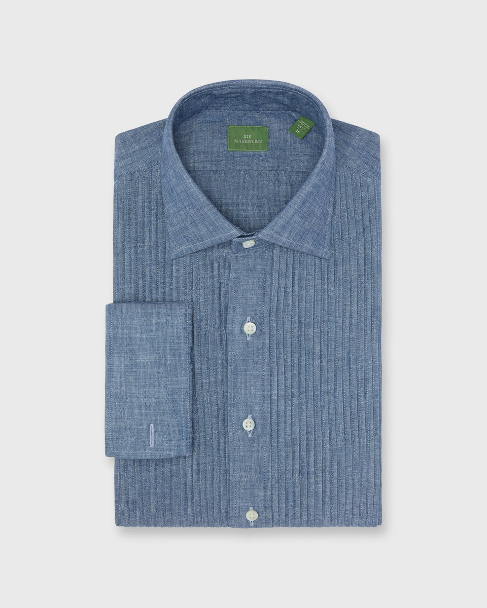 French-Cuff Pleated Bib-Front Tuxedo Shirt in Extra Light Washed Chamb
