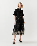 Load image into Gallery viewer, Short-Sleeved Classic Shirtwaist Dress in Black/Ivory Embroidered Eyelet Chambray
