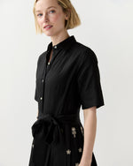 Load image into Gallery viewer, Short-Sleeved Classic Shirtwaist Dress in Black/Ivory Embroidered Eyelet Chambray