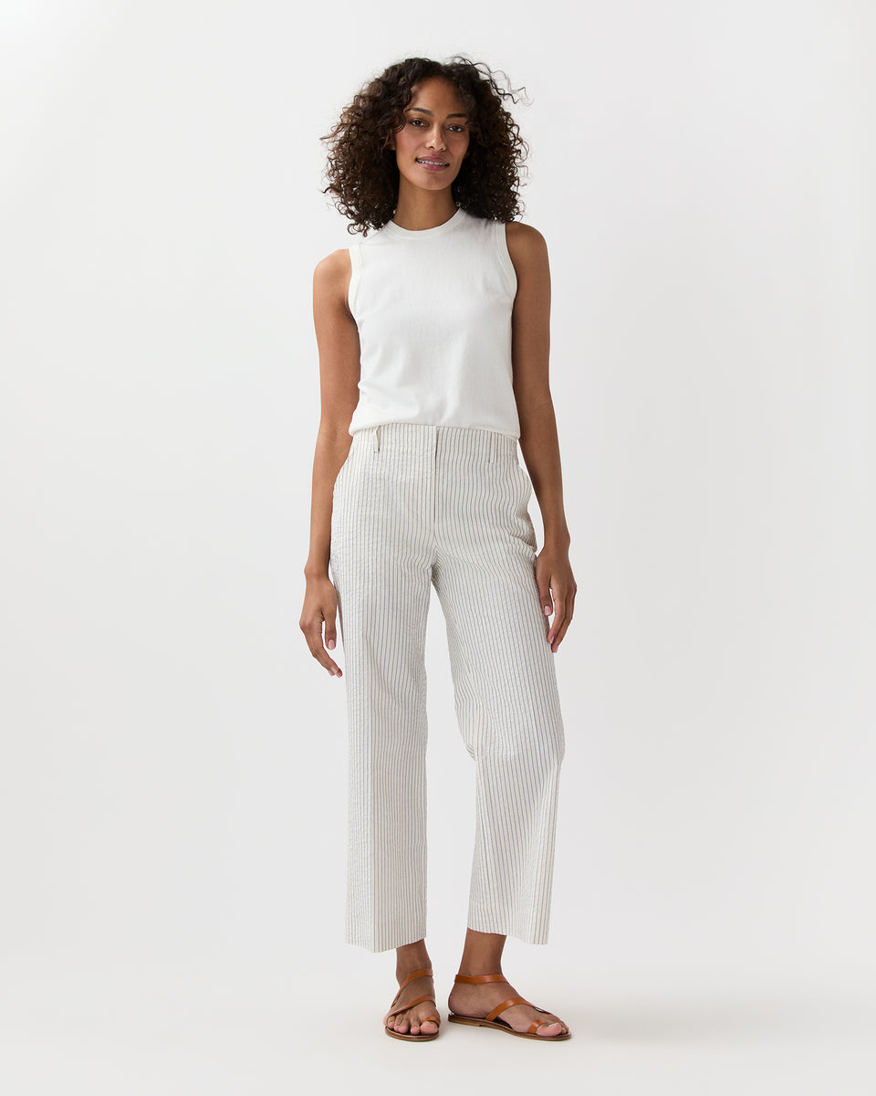 Frankie Cropped Pant in Ivory/Blue Crinkled Stripe | Shop Ann Mashburn