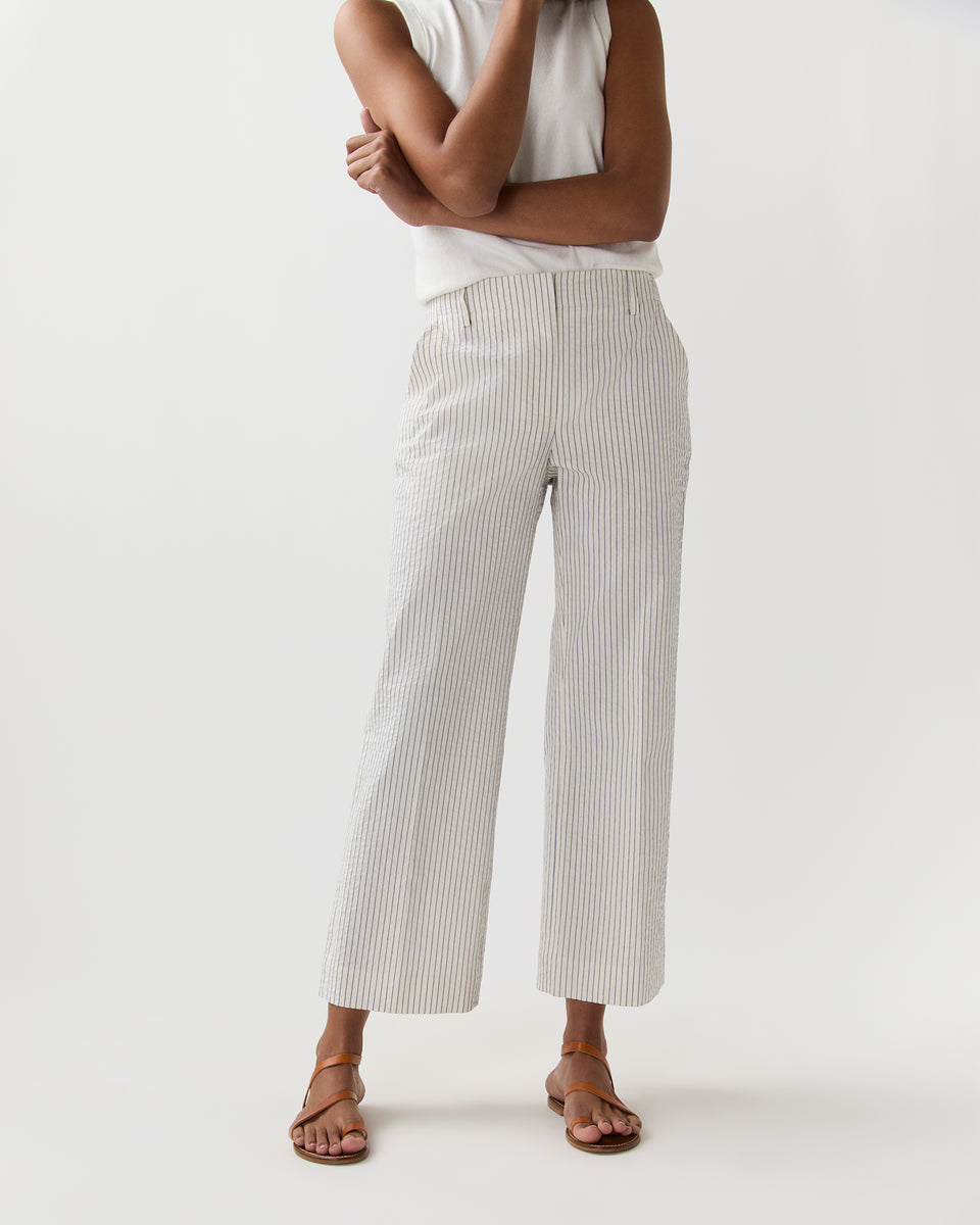 Frankie Cropped Pant in Ivory/Blue Crinkled Stripe | Shop Ann Mashburn