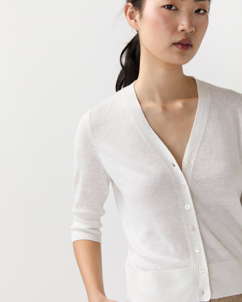 Short-Sleeved Rosie V-Neck Cardigan in Off White Linen | Shop Ann