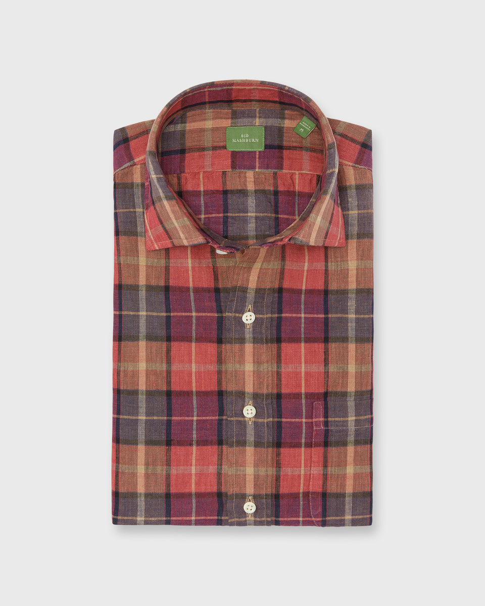 Spread Collar Sport Shirt in Red/Merlot/Khaki Plaid Linen | Shop