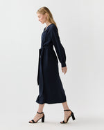 Load image into Gallery viewer, Trapunto Neck Dress in Navy Silk Crepe De Chine