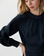 Load image into Gallery viewer, Trapunto Neck Dress in Navy Silk Crepe De Chine