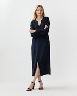 Load image into Gallery viewer, Trapunto Neck Dress in Navy Silk Crepe De Chine