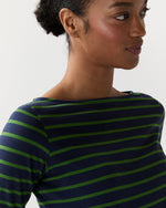 Load image into Gallery viewer, Long-Sleeved Boatneck Tee in Navy/Green Stripe Jersey