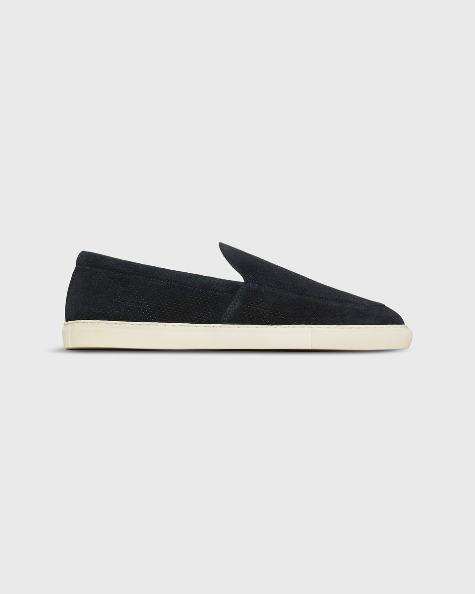 Moccasin Slip-On Sneaker in Navy Perforated Suede | Shop Sid Mashburn