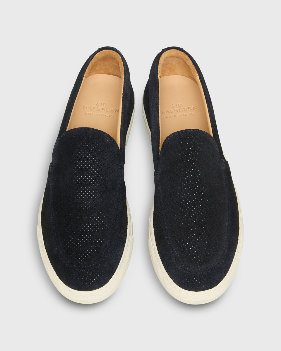 Moccasin Slip-On Sneaker in Navy Perforated Suede | Shop Sid Mashburn