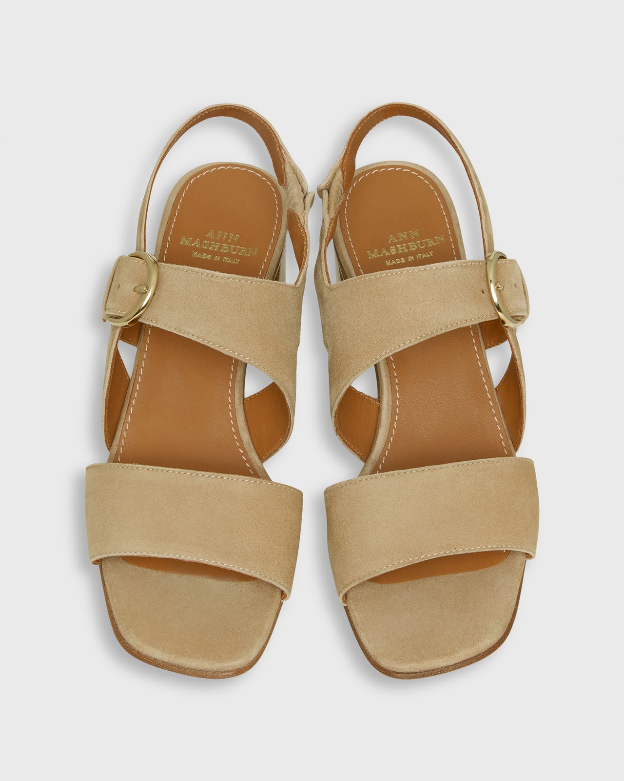 Double-Strap Block Heel in Camel Suede