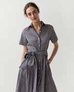 Load image into Gallery viewer, Short-Sleeved Classic Shirtwaist Maxi Dress in Navy/Red Embroidered Gingham