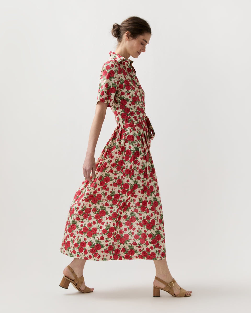 Short-Sleeved Classic Shirtwaist Maxi Dress in Red Carline Rose