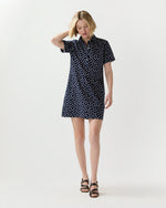 Load image into Gallery viewer, Short-Sleeved Popover Dress in Navy Daisy Crinkle Cotton