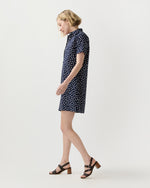 Load image into Gallery viewer, Short-Sleeved Popover Dress in Navy Daisy Crinkle Cotton
