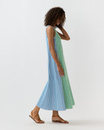 Load image into Gallery viewer, Lise Maxi Dress in Green/Blue/White Mixed Awning Stripe Poplin