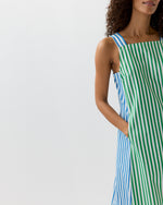 Load image into Gallery viewer, Lise Maxi Dress in Green/Blue/White Mixed Awning Stripe Poplin