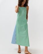 Load image into Gallery viewer, Lise Maxi Dress in Green/Blue/White Mixed Awning Stripe Poplin