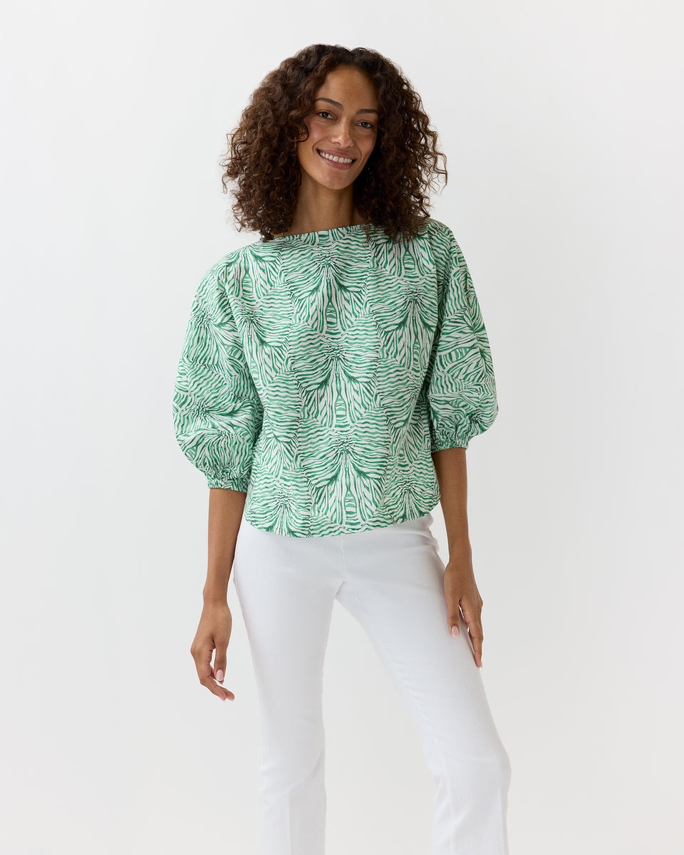 Elora Volume Top in Green Stripe And Bow Liberty Fabric | Ann