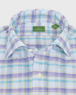 Load image into Gallery viewer, Spread Collar Sport Shirt in Blue Multi/Gold Plaid Poplin