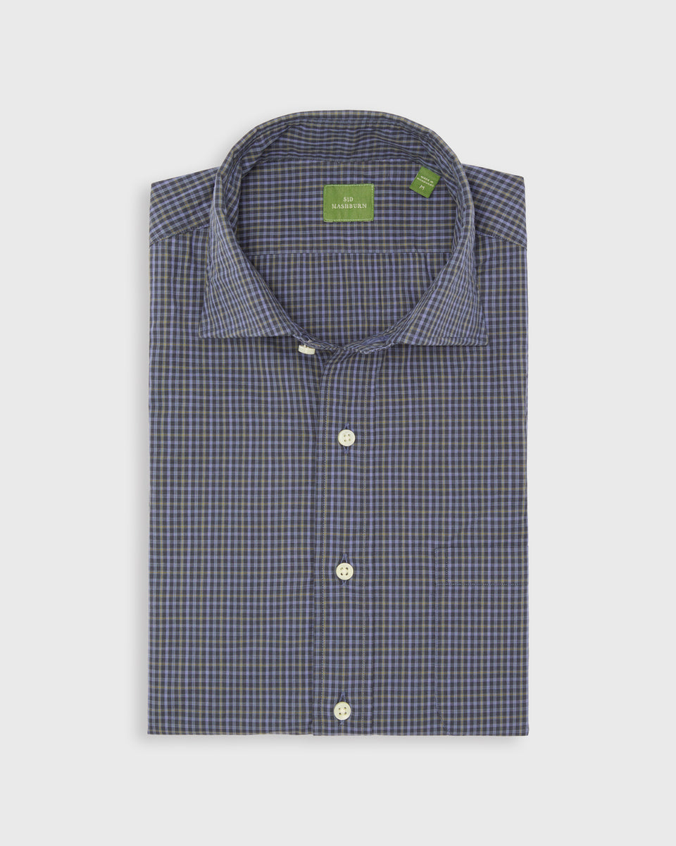 Spread Collar Sport Shirt in Blue/Navy/Yellow Check Poplin | Shop