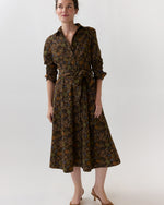 Load image into Gallery viewer, Avery Midi Shirtwaist Dress in Brown/Multi Woodland Print Lightweight Corduroy