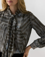 Load image into Gallery viewer, Tie-Neck Blouse in Bark/Powder Leopard Metallic Georgette